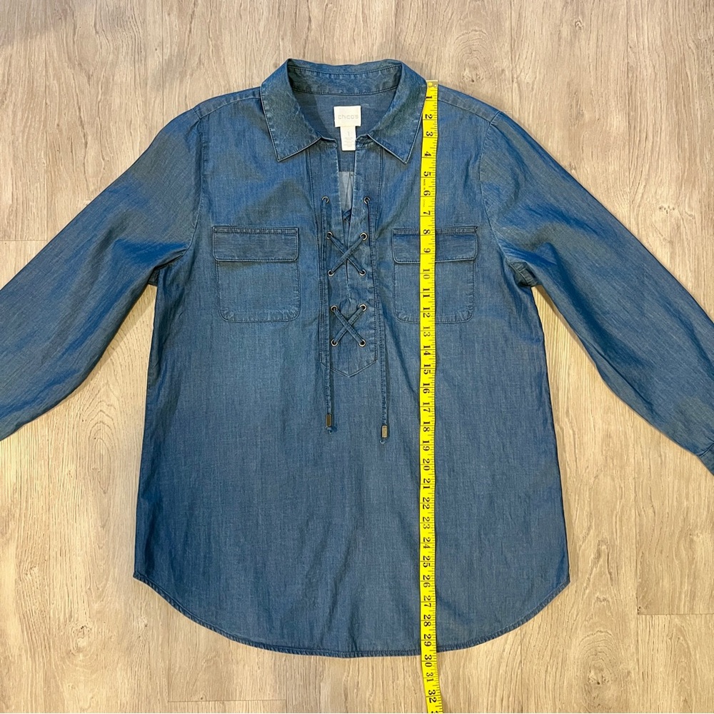 CHICO’S Women’s Chambray Lace Up Denim Blue 100% Cotton Long Sleeve Top - Picture 5 of 7